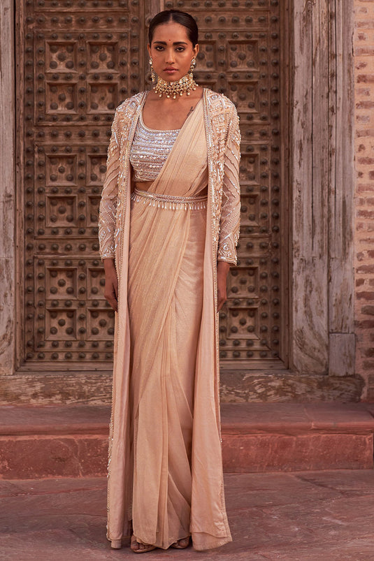 Crepe & Georgette Champagne Embroidered Jacket Saree Set - Auraya Fashion - Nidhika Shekhar - #tag1# - #tag2# - #tag3# - #tag3#