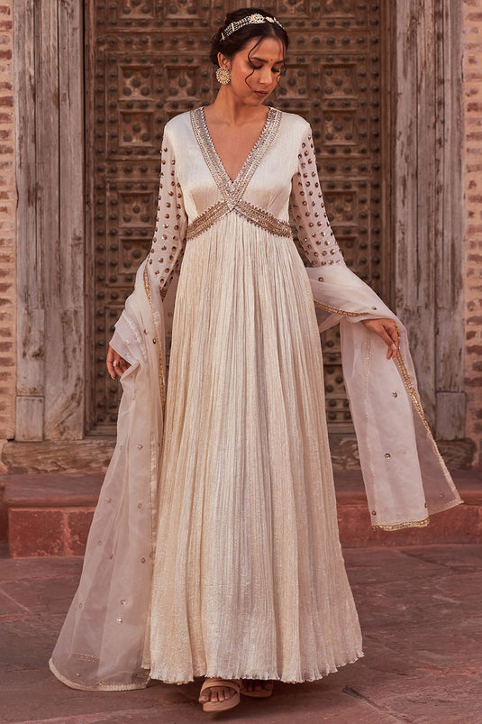 Crinkle Silk Ivory Embroidered Anarkali Set - Auraya Fashion - Nidhika Shekhar - #tag1# - #tag2# - #tag3# - #tag3#