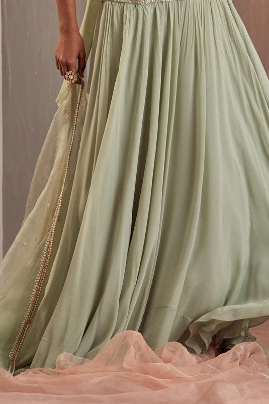 Hand Embroidered Dull Green Lehenga Set - Auraya Fashion -  - #tag1# - #tag2# - #tag3# - #tag3#