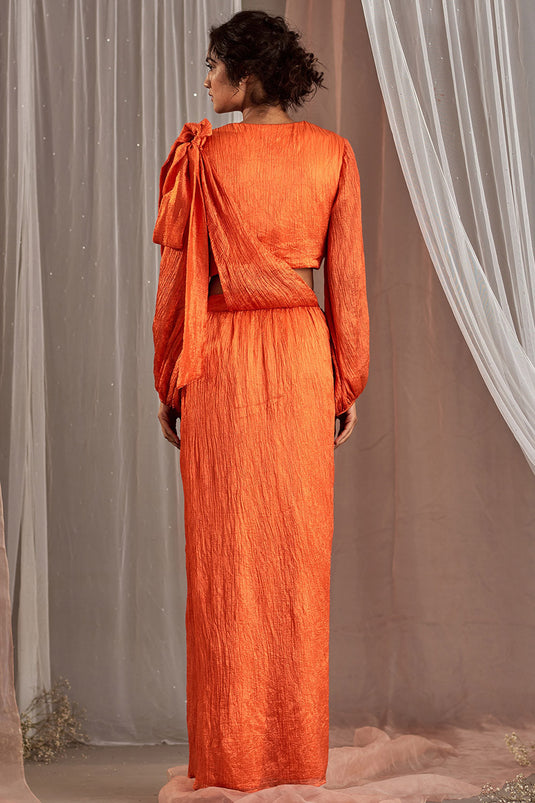 Crinkle Silk Orange Draped Skirt Set - Auraya Fashion -  - #tag1# - #tag2# - #tag3# - #tag3#
