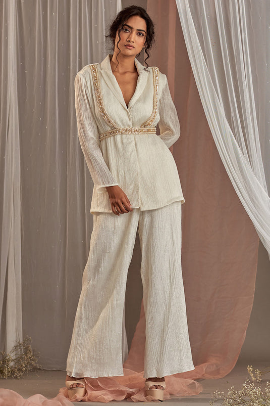 Crinkle Silk White Blazer Set - Auraya Fashion - Nidhika Shekhar - #tag1# - #tag2# - #tag3# - #tag3#