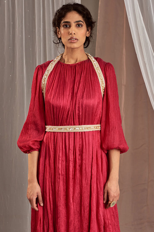 Crinkle Silk Hot Pink Dress - Auraya Fashion -  - #tag1# - #tag2# - #tag3# - #tag3#