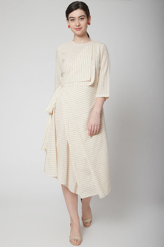 Draped Beige Dress With Stripes - Auraya Fashion - Nidhika Shekhar - #tag1# - #tag2# - #tag3# - #tag3#