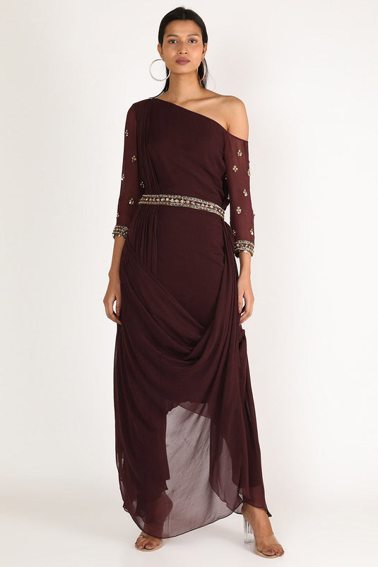 Embroidered Maroon Draped Kurta Set - Auraya Fashion - Nidhika Shekhar - #tag1# - #tag2# - #tag3# - #tag3#