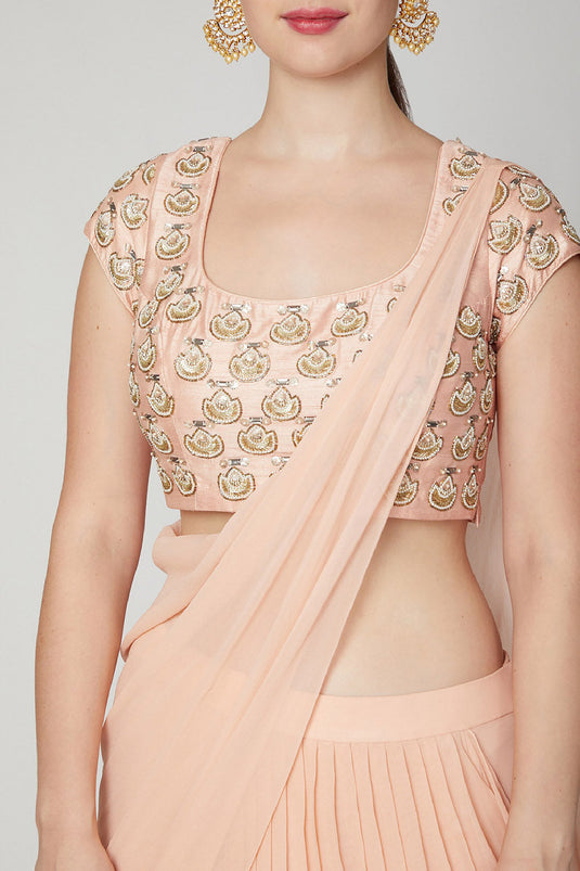 Embroidered Peach Pre-Stitched Saree Set - Auraya Fashion -  - #tag1# - #tag2# - #tag3# - #tag3#