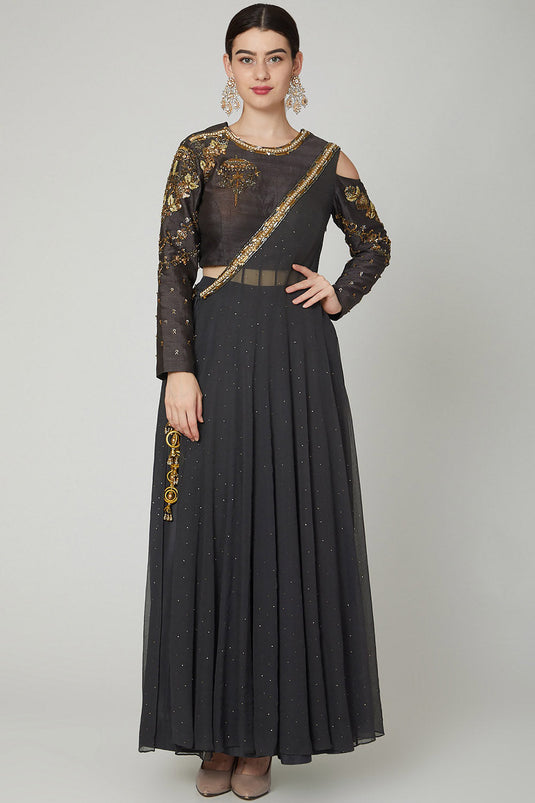 Embroidered Dark Grey Angrakha Kurta Set - Auraya Fashion - Nidhika Shekhar - #tag1# - #tag2# - #tag3# - #tag3#