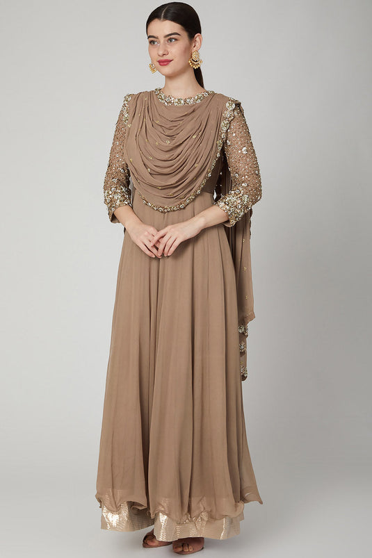 Embroidered Nude Draped Anarkali - Auraya Fashion - Nidhika Shekhar - #tag1# - #tag2# - #tag3# - #tag3#