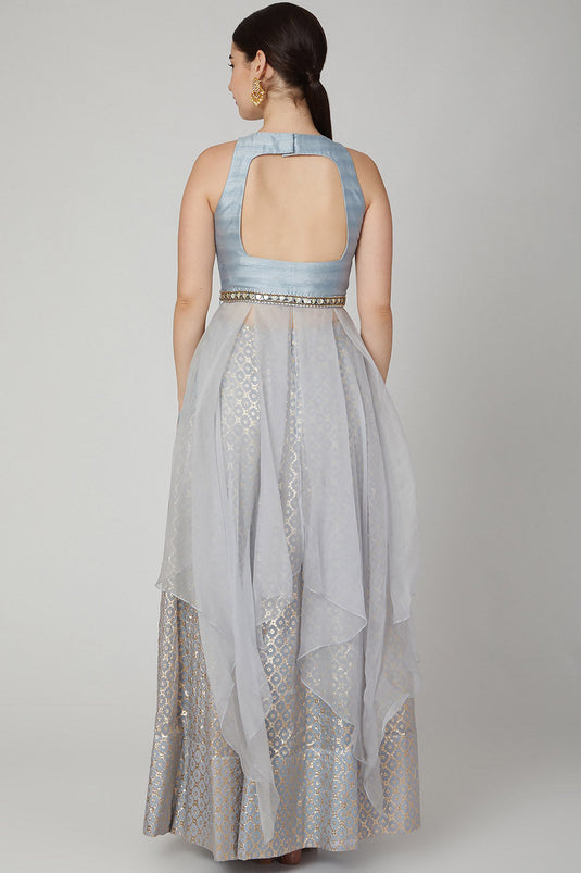 Embroidered Sky Blue Draped Lehenga Set - Auraya Fashion -  - #tag1# - #tag2# - #tag3# - #tag3#