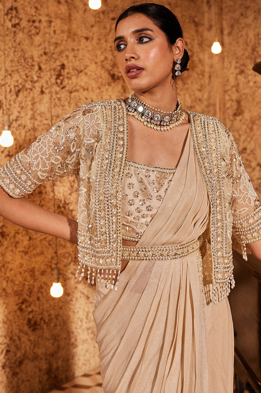 Georgette & Silk Gold Draped Saree Set - Auraya Fashion -  - #tag1# - #tag2# - #tag3# - #tag3#