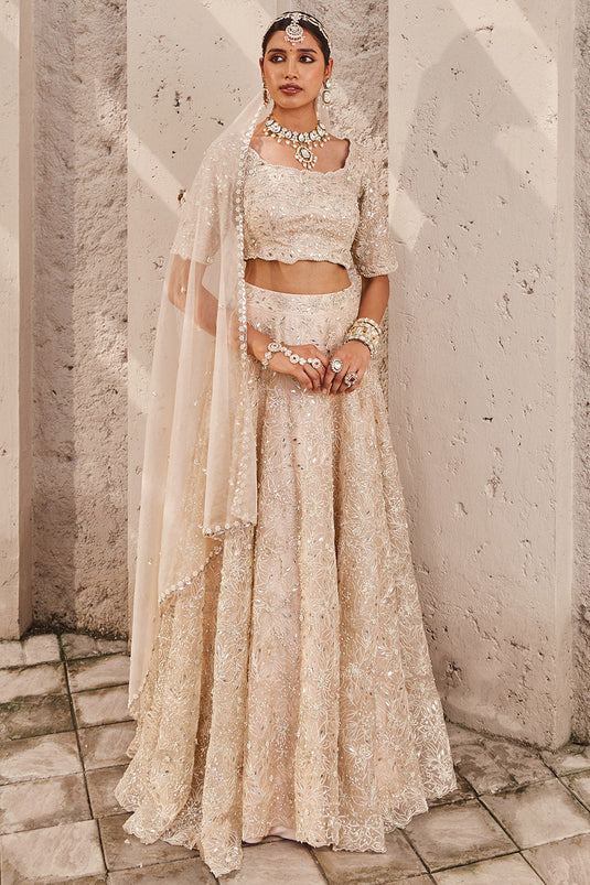 Satin & Organza Champagne Embroidered Lehenga Set - Auraya Fashion - Nidhika Shekhar - #tag1# - #tag2# - #tag3# - #tag3#