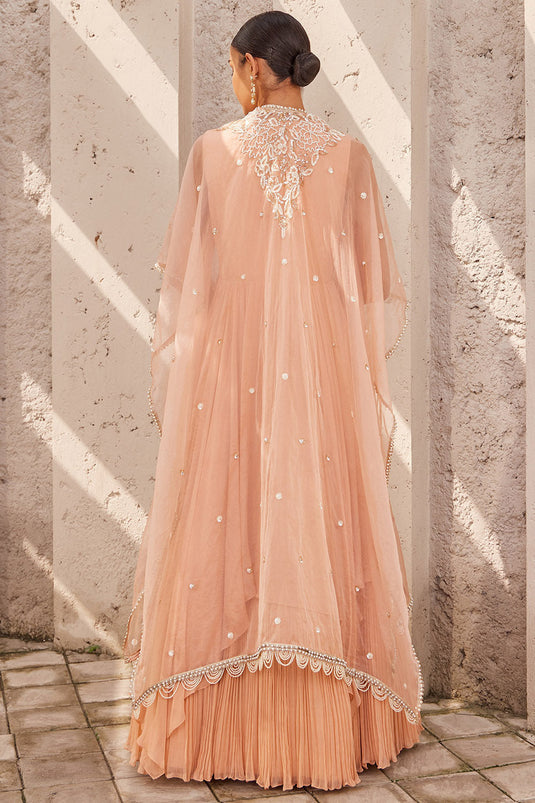 Organza & Georgette Salmon Pink Embroidered Anarkali Set - Auraya Fashion -  - #tag1# - #tag2# - #tag3# - #tag3#