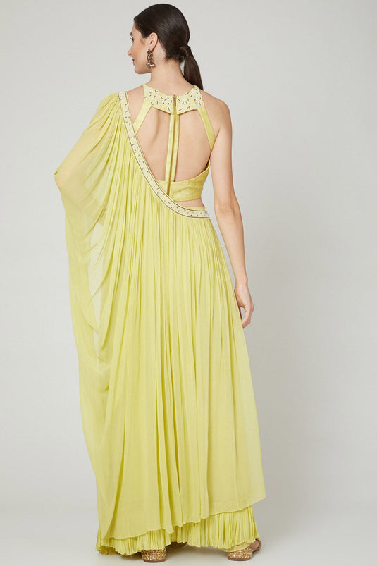 Embroidered Lime Yellow Draped Saree Set - Auraya Fashion -  - #tag1# - #tag2# - #tag3# - #tag3#