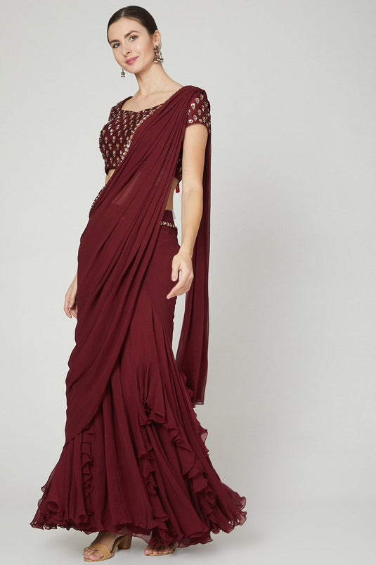 Ruffled Maroon & Draped Saree Set - Auraya Fashion - Nidhika Shekhar - #tag1# - #tag2# - #tag3# - #tag3#