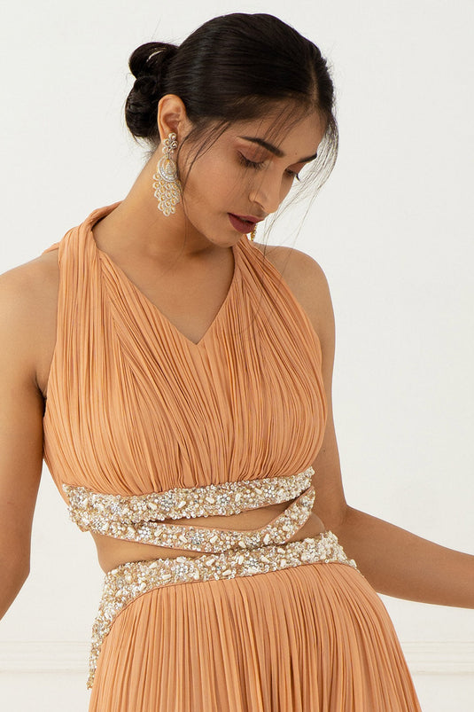 Hand Embroidered Blush Pink Pleated Gown - Auraya Fashion -  - #tag1# - #tag2# - #tag3# - #tag3#