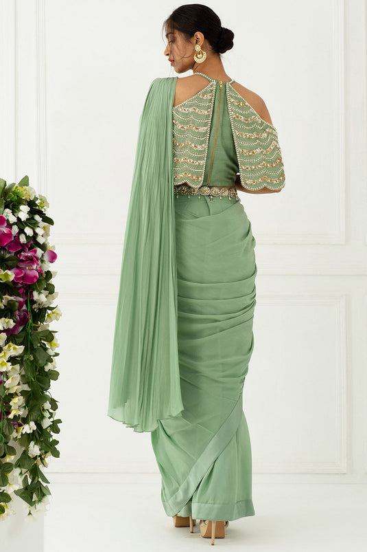 Draped Olive Green Saree Set - Auraya Fashion -  - #tag1# - #tag2# - #tag3# - #tag3#