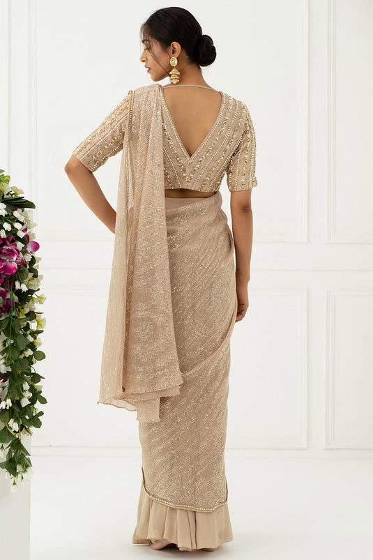 Draped Champagne Saree Set - Auraya Fashion -  - #tag1# - #tag2# - #tag3# - #tag3#