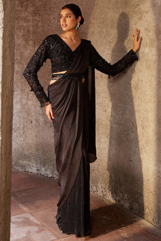 Pleated Black Draped Embroidered Saree Set - Auraya Fashion - Nidhika Shekhar - #tag1# - #tag2# - #tag3# - #tag3#