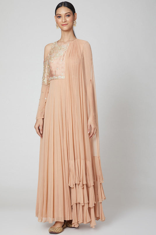 Embroidered Salmon Pink Anarkali With Draped Dupatta - Auraya Fashion - Nidhika Shekhar - #tag1# - #tag2# - #tag3# - #tag3#