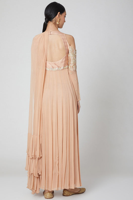 Embroidered Salmon Pink Anarkali With Draped Dupatta - Auraya Fashion -  - #tag1# - #tag2# - #tag3# - #tag3#