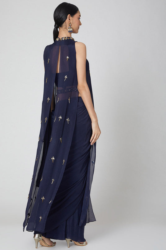 Navy Blue Pre-Stitched Draped Saree Set - Auraya Fashion -  - #tag1# - #tag2# - #tag3# - #tag3#