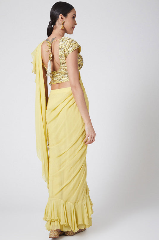 Ruffled Yellow Draped Saree With Embroidered Blouse - Auraya Fashion -  - #tag1# - #tag2# - #tag3# - #tag3#