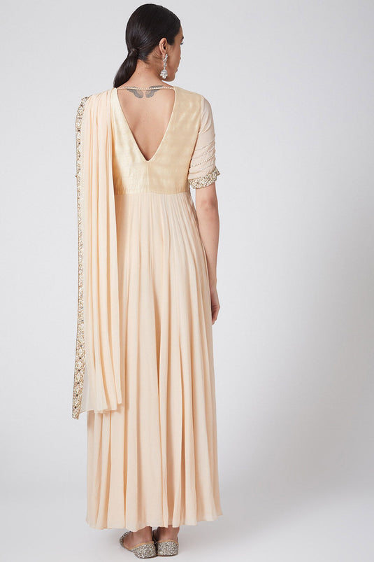 Embroidered Beige Draped Anarkali - Auraya Fashion -  - #tag1# - #tag2# - #tag3# - #tag3#