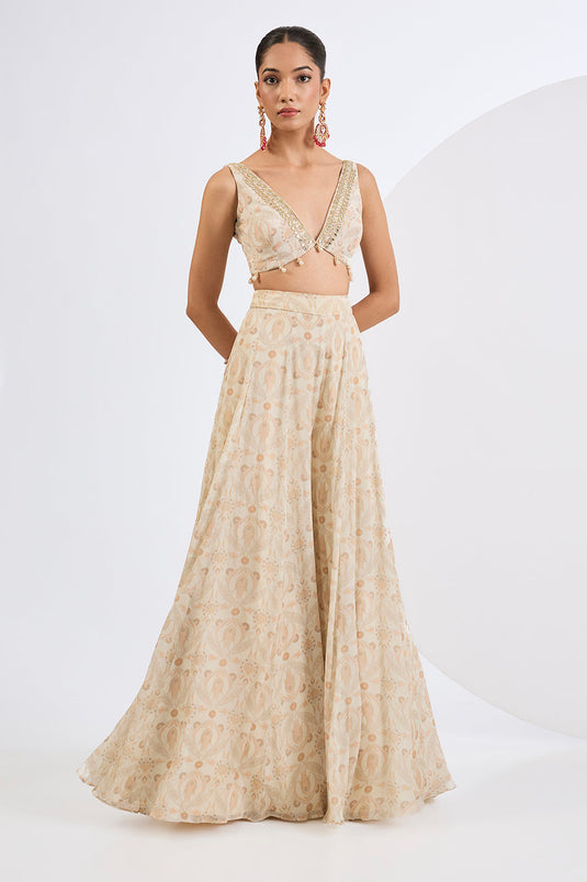 Printed Chinon Chiffon Ivory Sharara Set with Jacket and A Blouse