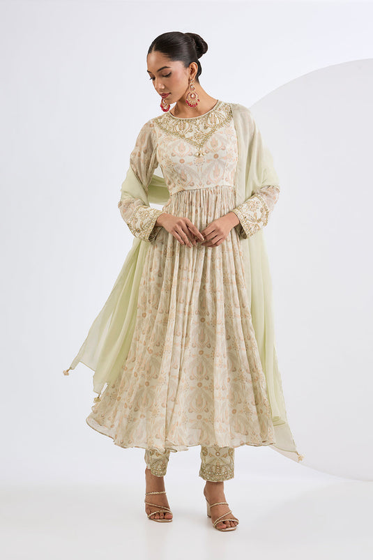Printed Chinon Chiffon Ivory Anarkali Set with Viscose Chinon  Dupatta