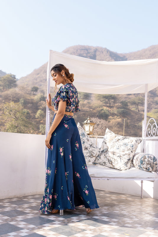 Blue Crepe Georgette Embroidered Pant Set