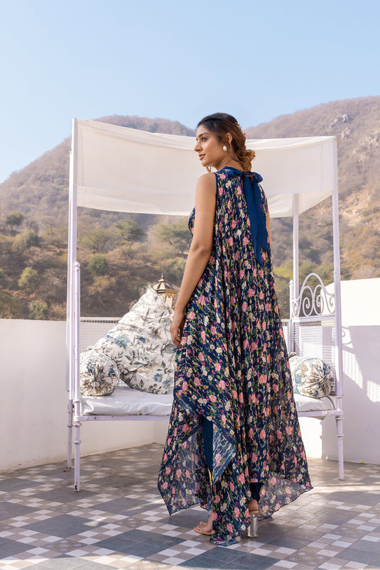 Blue Crepe Embroidered Pant Set