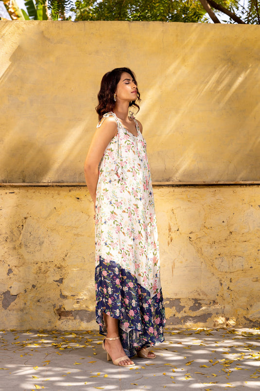 Off-White & Navy Blue Georgette Crepe Printed Jumpsuit