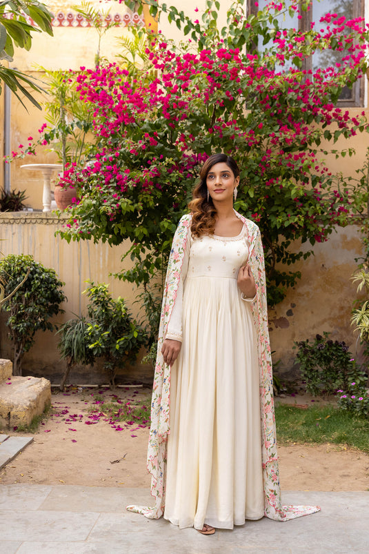 Off-White Georgette Crepe Embroidered Anarkali Set