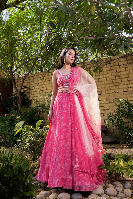 Pink mirror lehenga set
