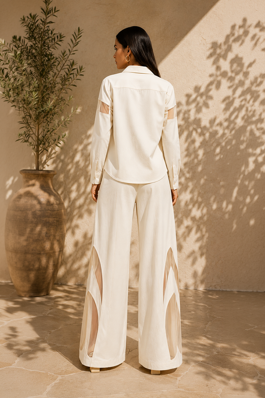 Ivory Cotton Blend Shirt & Wide-Leg Pants Co-Ord Set
