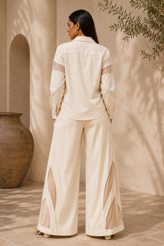 Ivory Cotton Blend Shirt & Wide-Leg Pants Co-Ord Set