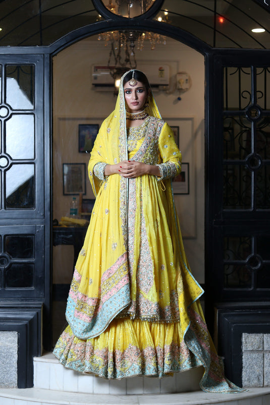 Farshi lehenga with blouse and embellished jacket