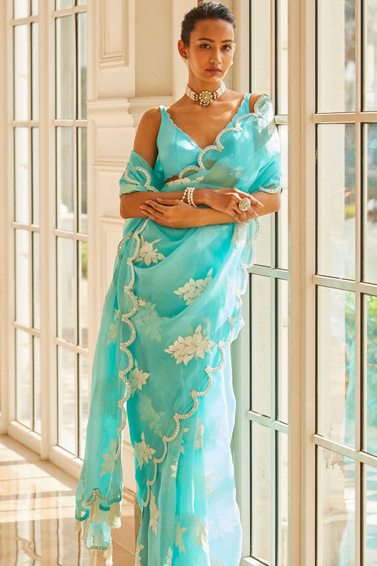 Blue Flower Saree Set