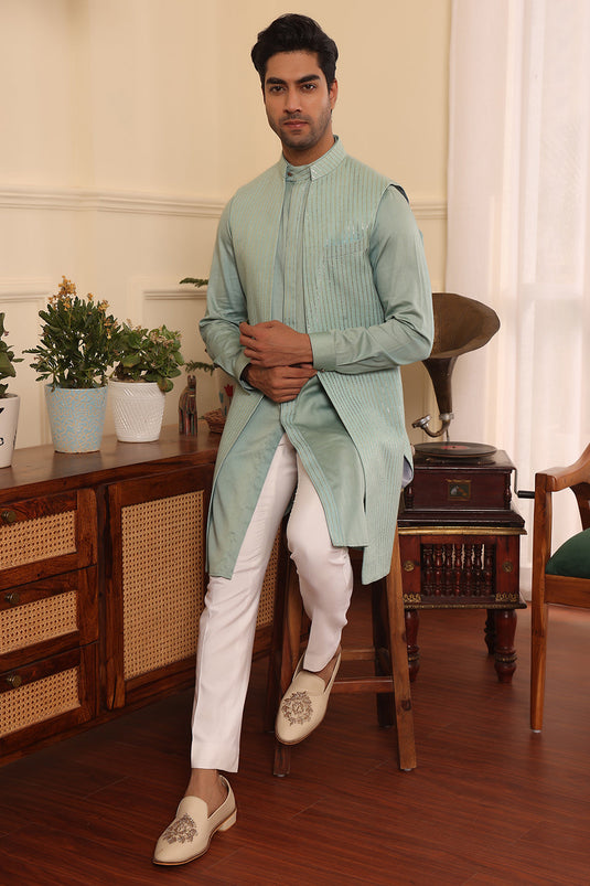Aqua green colour kurta pants with shrug jacket