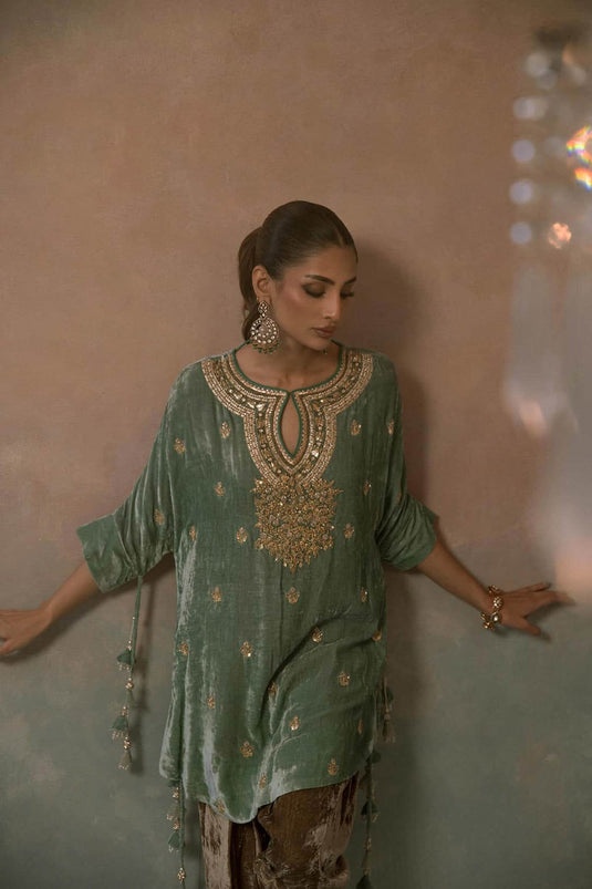 Aqua Mist Velvet Embroidered Co-ord Set