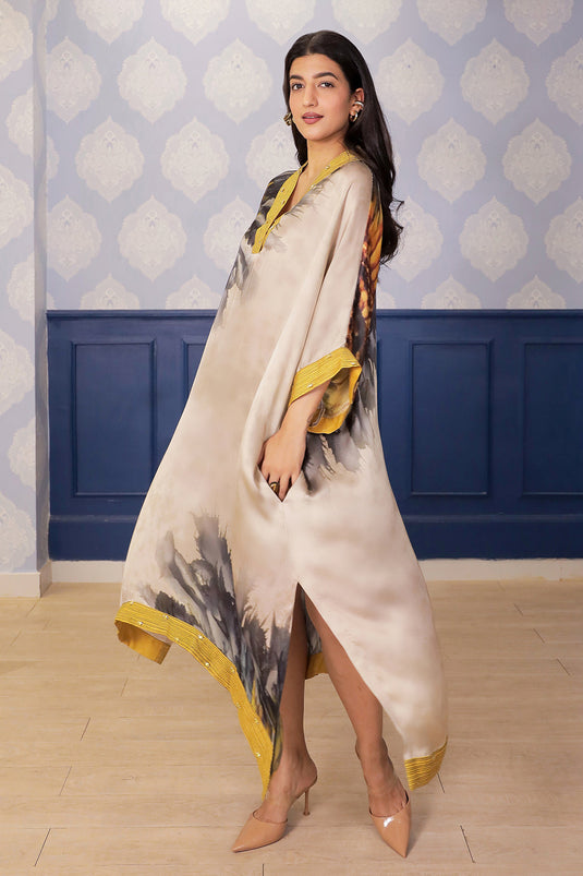 Asymmetric Beige Satin Dress with Yellow Accents & Side Slit