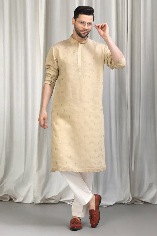 Beige Buta  Embroidered Kurta With Back Elastic Pants