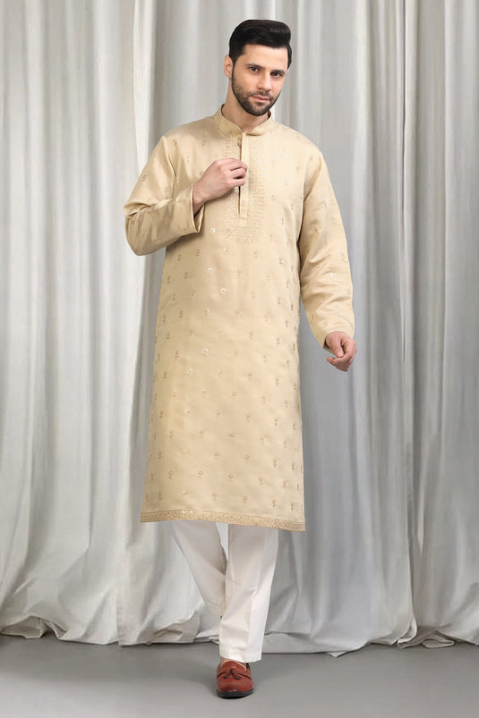 Beige Buta  Embroidered Kurta With Back Elastic Pants