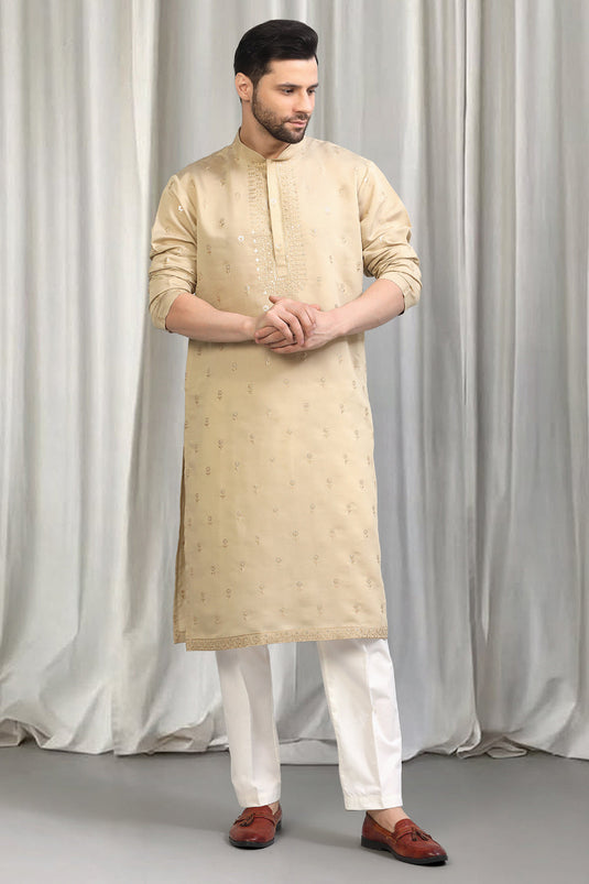 Beige Buta  Embroidered Kurta With Back Elastic Pants