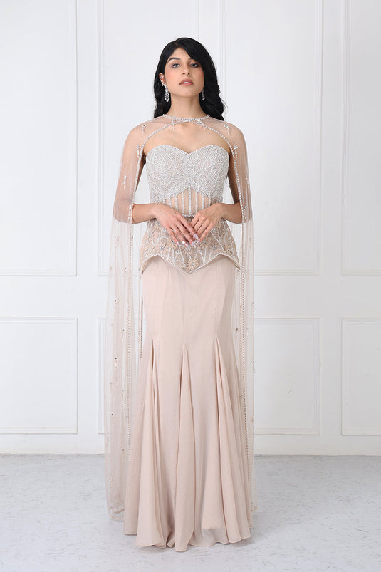 Beige Embroidered Corset And Cape With Paneled Skirt
