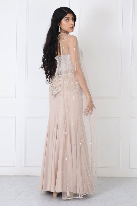 Beige Embroidered Corset And Cape With Paneled Skirt