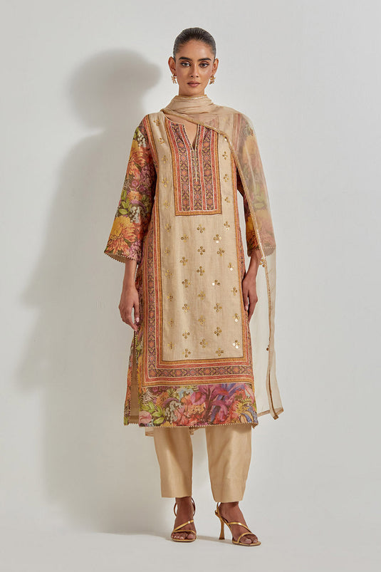 Beige Florika Printed And Hand Embellished Kurta Set