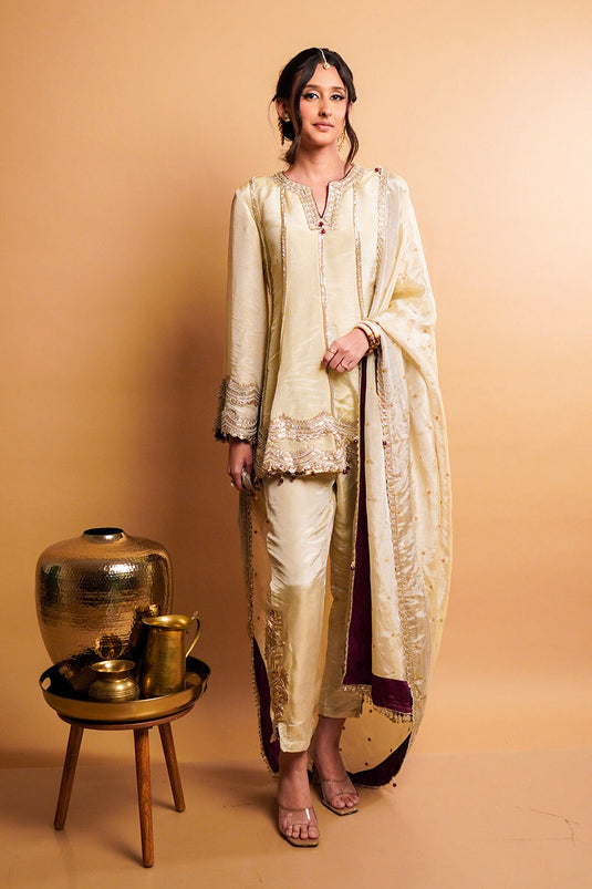 Beige Kali Kurta with Cigratte Pants Set