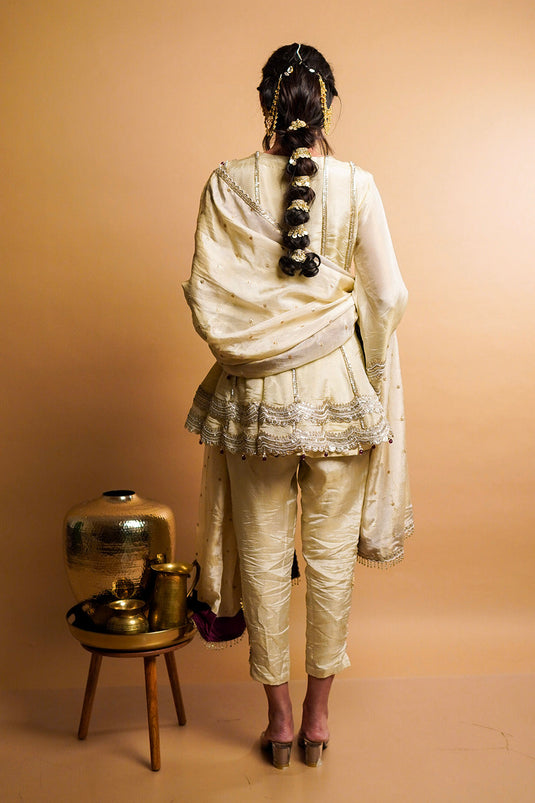 Beige Kali Kurta with Cigratte Pants Set