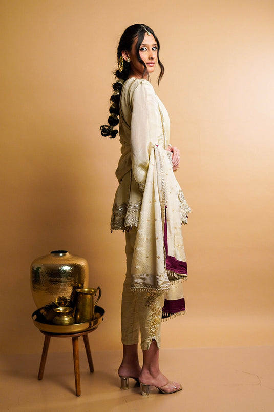 Beige Kali Kurta with Cigratte Pants Set