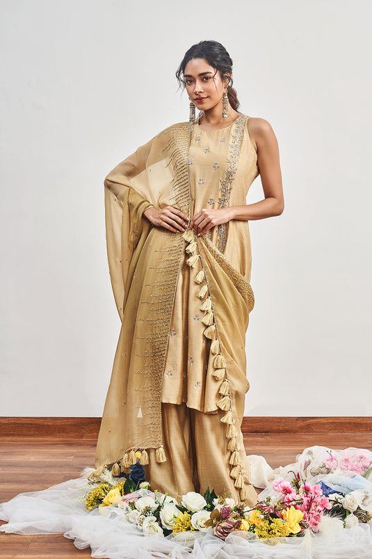 Beige Kalidaar with Beige X Olive Green Shaded Dupatta